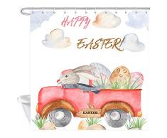 DYNH Happy Ostern Duschvorhang, Aquarellkaninchen ziehen Ostereier in LKW, Duschvorhang für Badezimmer, Polyesterstoff, Badezimmer-Zubehör, 12 Haken, 177,8 x 177,8 cm