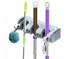 Aiky Mop Besenhalter Wandhalterung, strapazierfähig, rutschfest, 5 Schlitze mit 6 Haken, Wäschesammler, Gartenwerkzeug, Küchenreinigung, Organisation, Aufbewahrung, Kleiderbügel, Grau 3 Slots with 4 Hooks grau