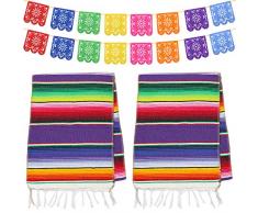 Dreamtop Mexikanischer Tischläufer aus Baumwolle, Bunte Fransen, Tischläufer mit 16 Picado-Bannern für mexikanische Party, Hochzeit, Küche, Outdoor, 2 Stück