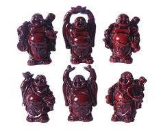 Weihnachtsdekoration Lachende Buddha-Figuren Glücksbringer Happy Buddha Statue-Set 6 Stück Art Deco Set aus rotem Harz, 6,3 cm.