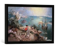 Gerahmtes Bild von Pieter Brueghel der Ältere Landschaft mit dem Sturz des Ikarus, Kunstdruck im hochwertigen handgefertigten Bilder-Rahmen, 60x40 cm, Schwarz matt