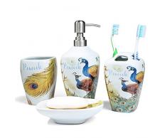FORLONG Keramik Badezimmer Zubehör Set Keramik 5 Teilig Set, inkl. Zahnbürste Halter, 2 Tassen gurgeln Das Zähne Putzen, Seifenschale, Seife & Lotion Spender *Peacock