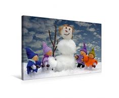 Premium Textil-Leinwand 75 x 50 cm Quer-Format Vier kleine Wichtel bauen eine Schneefrau | Wandbild, HD-Bild auf Keilrahmen, Fertigbild auf hochwertigem Vlies, Leinwanddruck von Christine Schmutzler-Schaub
