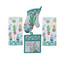Küchenset, Kaktusgarten, 4-teiliges Set, bestehend aus 2 Frottee-Handtüchern, 1 Ofenhandschuh und 1 Topflappen