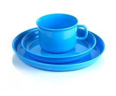 Kimmel Kindergedeck Geschirr bestehend aus Tasse, Untertasse und Teller, Kunststoff, Hellblau