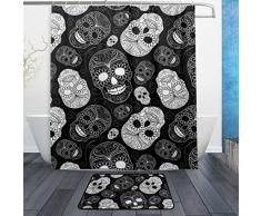 Einzigartige Day Of The Dead Floral Sugar Skulls Halloween Decor Wasserdicht Polyester Stoff Vorhang für die Dusche (152,4 x 182,9 cm) Set mit 12 Haken und Bad-Teppiche Teppiche (59,9 x 39,9 cm) für Badezimmer – Set von 2