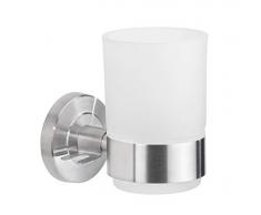 AMARE Zahnputzbecher, Zahnputzbecherhalter, Zahnbürstenhalter aus satiniertem Glas und robustem Edelstahl, Badaccessoires, kleben oder bohren