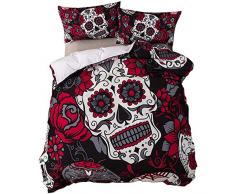feelyou Bettwäsche-Set, Blumen-Motiv Sugar Skull mit Blumenstrauß bedruckt, Doppelbett, King-Size-Bett, Polyester, dekorativer Gothic-Komplettbezug mit Kissenbezügen, Horror-Motiv, Rot / Schwarz Twin rot / schwarz