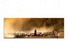 Panoramabild auf Leinwand und Keilrahmen 150x50cm Afrika Hirte Schafherde BÃ¤ume Nebel