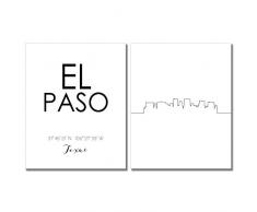 N&T City Skyline Wand Décor Prints – Set 2 Stück (8 x 10) Art Fotos – Typografie minimalistische Poster 8x10 EL Paso