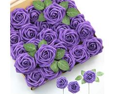 Abetree Künstliche Rosen Blumen Realistische Fake mit Stielen für DIY Hochzeit Blumensträuße Tafelaufsätze Arrangements Party Baby Dusche Home Dekoration 25Pcs violett