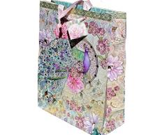 PUNCH STUDIO Großes Vertikales Gold Folie Verziert Geschenk Tüte W/Geschenkanhänger ~ Nouveau Lavendel Pfau 95484