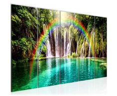 Bilder Wasserfall Landschaft Wandbild 200 x 80 cm Vlies - Leinwand Bild XXL Format Wandbilder Wohnzimmer Wohnung Deko Kunstdrucke Grün 5 Teilig - MADE IN GERMANY - Fertig zum Aufhängen 607255a