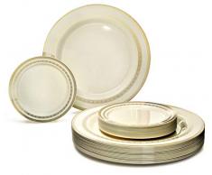 Occasions 240 Pack Einweg-Kunststoff-Platten Set - 120 x 10,25 Dinner + 120 x 6.25 Dessertteller (240pcs, Spitze Elfenbein/Gold)