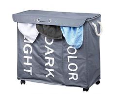 BAKAJI Wäschekorb mit 3 Fächern, Stoff mit Rädern und Griffen, Grau, 63 x 35 x 57 cm, Mehrfarbig