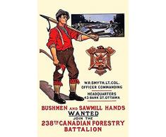 The Morti Poster Bushmen and Sawmill Hands Wanted Join The 238th Canadian Forestry Battalion mit einem Förster mit Hecht und Einer Axt und Einer kleinen Nachtszene von Logging on a River Posterdruck