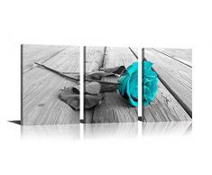 YPY Rose Art Wand für Schlafzimmer Blaugrün Blumen schwarz weiß Ölgemälde auf Leinwand gedruckt Kunstwerk Bilder fertig zum Aufhängen 16x24in blau