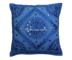 Stylo Culture Indische Spiegel Bestickt Baumwolle Throw Kissenbezug blau 40 x 40 traditionelle Kissenbezug