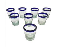 Set mit 8 Mezcal Blue Rim Gläser Vaso Veladora para Mezcal Con Orilla Azul. Traditionelles Glas für mexikanische Getränke mit breiter Öffnung um das Aroma zu erhalten. Es dient auch als Tequila Schnapsglas.