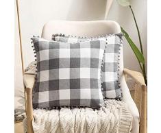 MIULEE 2er Set Retro Farmhouse Buffalo Plaid Karo Kissenbezug mit Pompons Dekorative Überwurf-Kissenbezüge für Sofa Couch 20x20 grau und weiß