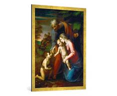 Gerahmtes Bild von Raffael Die Heilige Familie mit dem kleinen Johannes, Kunstdruck im hochwertigen handgefertigten Bilder-Rahmen, 70x100 cm, Gold Raya