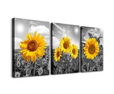 TTHWALLART Leinwandbild für Wohnzimmer, Küche, Wanddekoration, 3-teilig, schwarz-weiße Landschaft, gelbe Sonnenblumen, Plakate, Bilder Wandgemälde, Heimdekoration