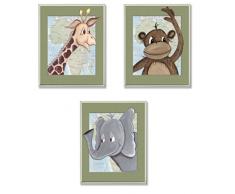 Home Decor Kollektion Stupell MDF Holz grüne Bordüre, Motiv Dschungeltiere Wandtafel, Engelsfigur, Set 3 Stück, Mehrfarbig