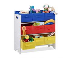 Relaxdays, weiß/bunt Kinderregal mit Boxen, 9 Faltbare Körbe mit Henkeln, Metallrohre, Spielzeug, MDF, HxBxT: 62x63x28cm, Standard