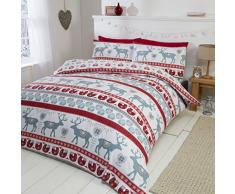 Scandi 100% gebürsteter Baumwolle Feinbiber Bettwäsche Quilt Bettbezug und 2 Kissenbezüge Bett-Set, Rot/Mehrfarbig, Super King