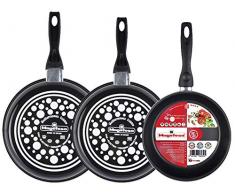 Magefesa Black Set 3 Pfannen 24 26 28 Hergestellt aus emailliertem Stahl. Antihaftbeschichtung, zweilagig, verstärkter Stein, Farbe außen. Geeignet für alle Herdarten mit Emaille.