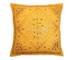 Stylo Culture Indian Scatter Kissenbezüge Gelb Bestickte Wohnzimmer Couch Kissenbezug 16 x 16 Baumwolle Square Traditional Gespiegelt 60x60 cm Kissenbezüge (1 Stück)