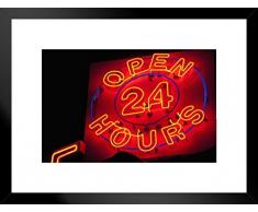 Poster Gießerei Beleuchtet 24 Stunden geöffnet Neon Foto Kunstdruck von proframes 26x20 inches Matted Framed Poster