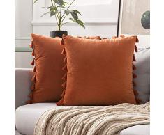 MIULEE Kissenhülle für Sofas, Bett, Samt, weich, dekorativ, mit Quasten, Fransen, Boho, 2 Stück 20x20 Orange