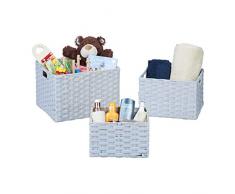 Relaxdays Aufbewahrungskorb 3er Set, Flechtoptik, Regalkorb für Bad und Kinderzimmer, mit Griffen, PP-Korb, grau, Kunststoff, H x B x T: ca. 25 x 36,5 x 30,5 cm