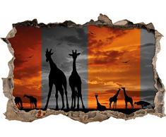 Pixxprint 3D_WD_5279_92x62 Afrika Giraffen im Sonnenuntergang Wanddurchbruch 3D Wandtattoo, Vinyl, schwarz / weiß, 92 x 62 x 0,02 cm