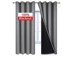 Yakamok 100% Verdunklungsvorhänge, Thermo-Isolierung, schalldämpfende Vorhänge, komplett lichtblockierende Vorhänge mit schwarzem Futter für Schlafzimmer W52 x L72 grau