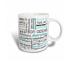 3dRose Mint Türkis Bon Appetit Küche Art Typography-Enjoy mit Futter in verschiedenen Sprachen, Kaffeebecher, Keramik, Mehrfarbig, 10.16 cm x 7,62 x-Uhr
