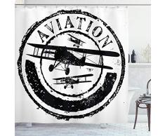 Vintage Flugzeug Decor Vorhang für die Dusche von ambesonne, Grunge Stempel Design Mit Wort Aviation und Flugzeug Silhouetten, Stoff Badezimmer Decor Set mit Haken, schwarz und weiß, Textil, Multi 1, 69W x 84L