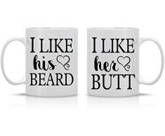 Funnwear Lustige Kaffeetasse mit Aufschrift „I Like His Beard I Like Her Butt“, Einzigartiges Hochzeitsgeschenk für Braut und Bräutigam, für Sie und Ihn, Jahrestag, Ehemann und Ehefrau, 325 ml