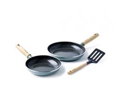 2-teiliges Bratpfannen-Set 20-cm & 24-cm Ø Keramik-Beschichtung Aluminium Holz-Griff Induktions-Pfannen für alle Herd-Arten Spülmaschinen-geeignet mit Pfannenwender