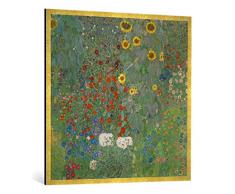 Gerahmtes Bild von Gustav Klimt Garten mit Sonnenblumen, Kunstdruck im hochwertigen handgefertigten Bilder-Rahmen, 100x100 cm, Gold Raya