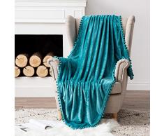 MIULEE Ultra weiche Fleecedecke Luxuriös Fuzzy für Couch oder Sofa, leicht, flauschig warm, Bettdecke mit niedlichen Pompons Twin(60x80) türkis