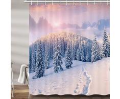 Jawo Winterlandschaft Duschvorhang Schnee Berg Kiefer Wald Sonnenaufgang Weihnachten Badvorhänge Set Polyester Stoff Upgrade Badezimmer Zubehör Dekor 12 Haken enthalten 179,9 x 177,8 cm