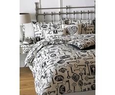 Riva Home Schlüssel Einzelbett Bettbezug und Kissenbezüge Bettwäsche-Set Betten, Schwarz/Weiß