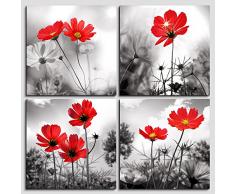 Art Wand Moderne Salon Thema Schwarz und Weiß, die rot Blume Flower Leinwandbild Abstrakte Malerei Stillleben Kunstdruck für Home Decor Flower Leinwand Wall Art Malerei für Wohnzimmer Decor 16*16inches*4pcs rot