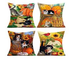 Doitely Set von 4 Schmetterlings-Serie, Überwurf-Kissenbezügen, Bunte Blüten, dekorative Kissenbezüge für Zuhause, Sofa, Garten, Außendekoration, 45,7 x 45,7 cm 18 x 18 Cute Cat with Pumpkin