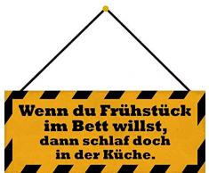 Schatzmix Spruch Wenn Du Frühstück im Bett willst Wanddeko 27x10 cm mit Kordel Blechschild, Blech, Mehrfarbig