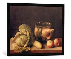 Gerahmtes Bild von Sebastian Stosskopf Stilleben mit Kohl und Tontopf, Kunstdruck im hochwertigen handgefertigten Bilder-Rahmen, 70x50 cm, Schwarz matt