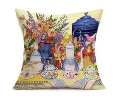 YANGYULU Dekorativer Vintage-Kissenbezug aus Baumwollleinen, Blumenmuster, Landhaus-Kissenbezug, Teekanne, Becher, Schriftzug, für Sofa, Schlafzimmer, Auto, 45,7 x 45,7 cm Tea Set with Flowers