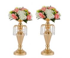 LANLONG 2 Stück Metallvase für Hochzeit, Dekoration - Künstliche Blumengestecke Stumpenkerzenhalter Ständer Set für Hochzeit, Party, Dinnerveranstaltung, Tischdekoration 2XS 1#Gold